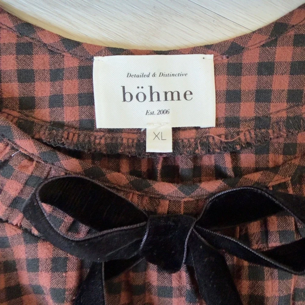 Bohme Gingham Plaid Maxi Dress Size XL Chocolate Brown Velvet Bow Peasant Boho